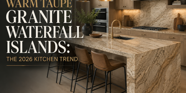 Warm Taupe Granite Waterfall Islands: The 2026 Kitchen Trend